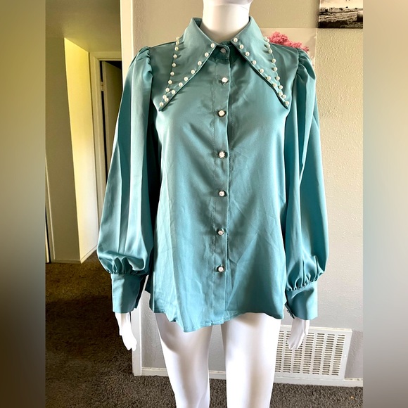 Jackets & Blazers - Lantern sleeve shirt collar and pearl,long sleeve,tops,pearl,party dress,formal